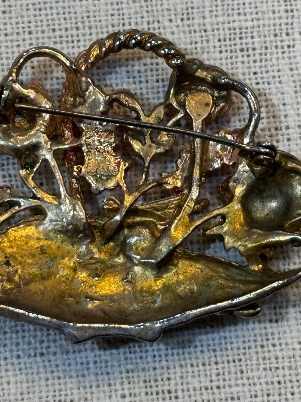 Vintage Blue Enamel Floral Basket Brooch Red Roses Flowers Gold Tone Pin